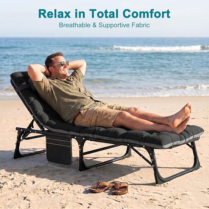 ABORON 2PK Oversized Chaise Lounge Chair,5 Positions Padded Outdoor Tanning Chair,Heavy Duty Portable Chair for Sunbathing Patio Pool Lawn Deck Poolside,Support up to 440 Lbs, Deep Black-2 Set