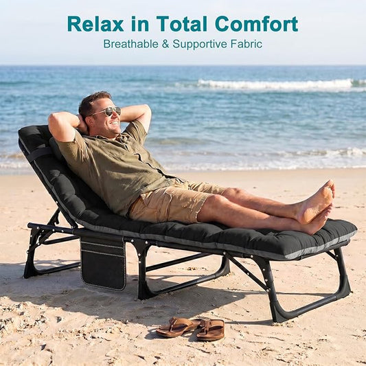 ABORON 2PK Oversized Chaise Lounge Chair,5 Positions Padded Outdoor Tanning Chair,Heavy Duty Portable Chair for Sunbathing Patio Pool Lawn Deck Poolside,Support up to 440 Lbs, Deep Black-2 Set