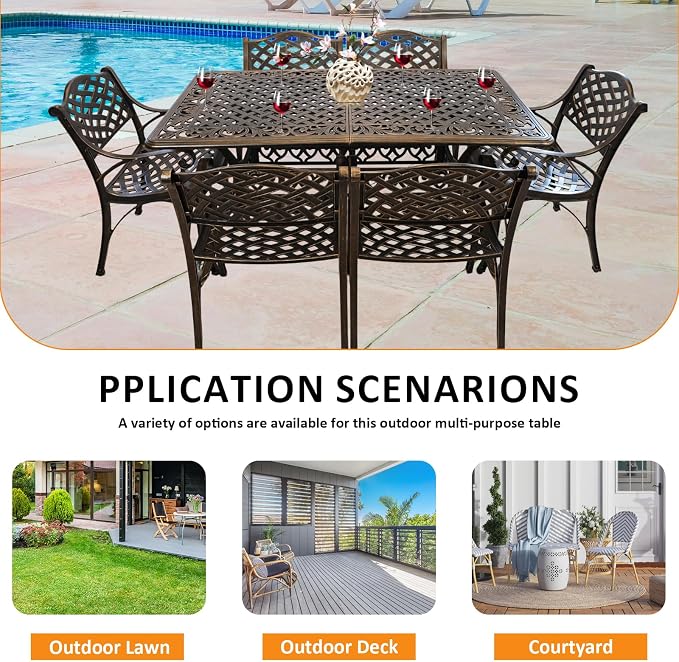 58.66" Bronze Aluminum Hollow Pattern Outdoor Dining Table, Fits 8, With Umbrella Hole