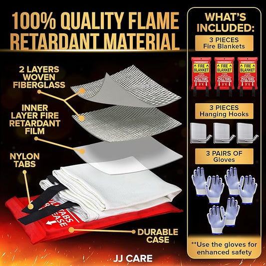JJ CARE Fire Blanket – 3 Packs with Hooks and Gloves – 40” x 40” Fire Blankets Emergency for Home and Kitchen, High Heat Resistant and Flame Protection for Kitchen, Car, Office, Camping & Home Safety