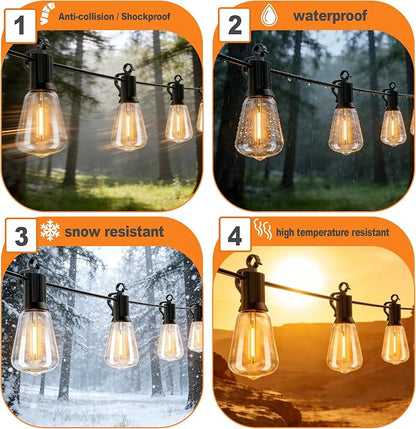 Solar String Lights 35FT Outdoor Waterproof Dimmable Patio Hanging | ST38 Edison LED Bulbs,15+1 Dimmable Festoon Lights,Remote Control,IP65 Waterproof,for Backyard Deck Garden Patio Wedding Cafe