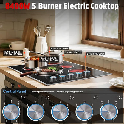 36 Inch Electric Cooktop, 5 Burner Electric Stove Top 8400W, 36" Ceramic Stove with Knob Control, Over-Temperature Protection, Dual Ring Zone, 220-240V Hard Wired (No Plug)