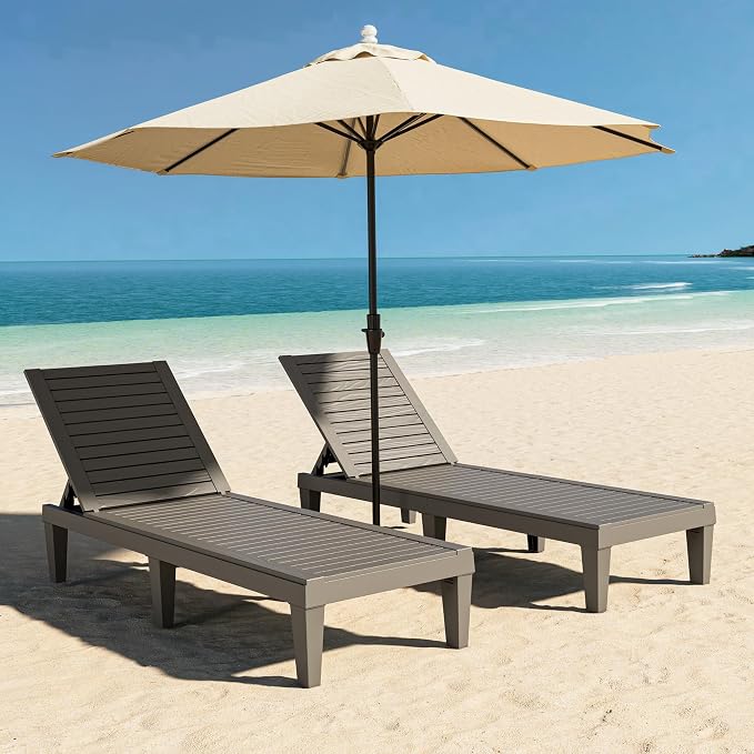 Outdoor Lounge Chairs Set of 2, 5-Position Adjustable Tanning Chairs with Wood Grain, All-Weather Resin Patio Recliners for Pool, Garden, Deck, Beach, Patio Lounge Chairs, Texture Grey