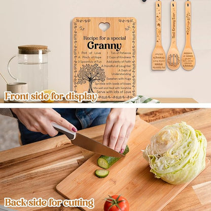Granny Gifts - "Recipe for a Special Granny" Gifts for Granny Cutting Board Set, Bamboo-Made Engraved Utensil Set Granny Birthday Gifts from Grandchildren, Mothers Day Gifts for Granny.