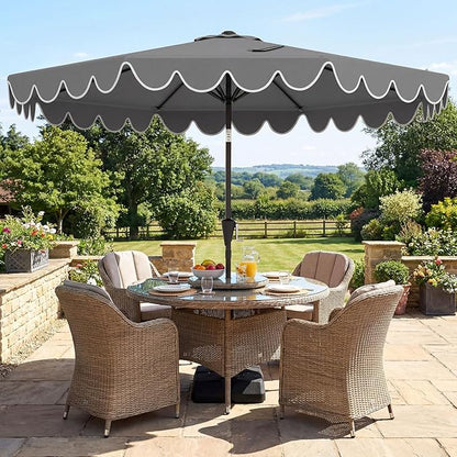 Tangkula 10 FT Patio Umbrella with Base Included, 2-Tiers Outdoor Scalloped Table Umbrella with 2 Sandbags, Tilt Adjustment, Crank, 8 Ribs for Market Backyard Pool Deck Beach Lawn