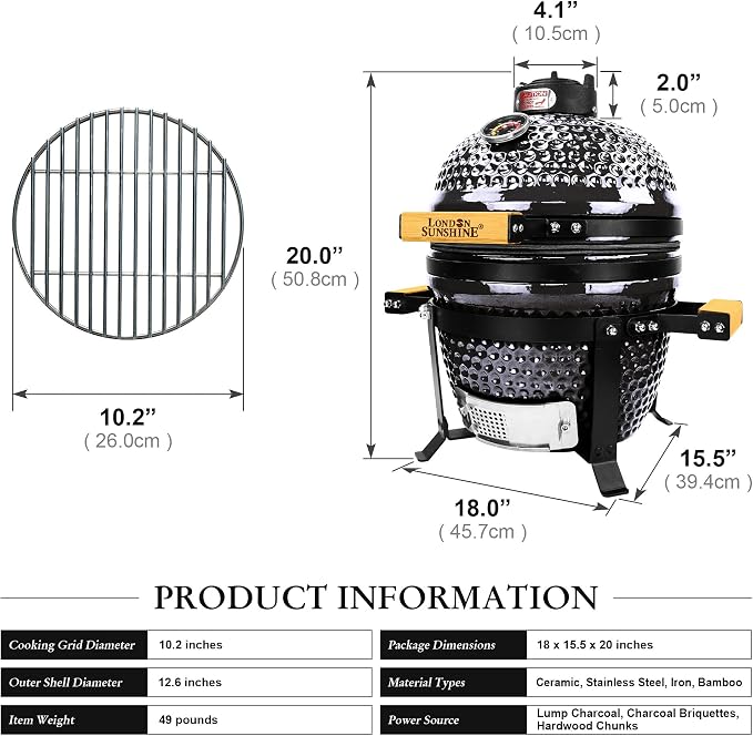 London Sunshine Ceramic BBQ Charcoal Kamado Grill 13 inch Portable Tabletop BBQ Bright Gray