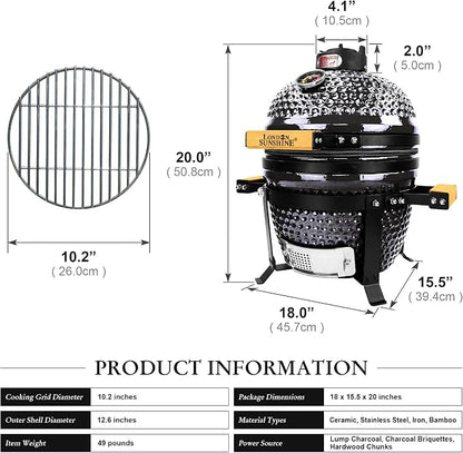 London Sunshine Ceramic BBQ Charcoal Kamado Grill 13 inch Portable Tabletop BBQ Bright Gray