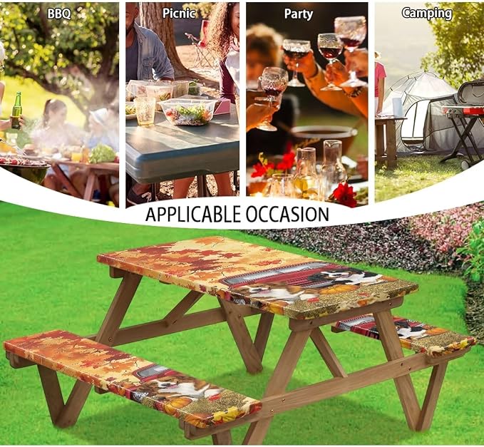Maple Dog Pumpkin Outdoor Picnic Table Cover Thanksgiving 3 PCS Set Fitted Picnic Table Cover for Outdoor Camping