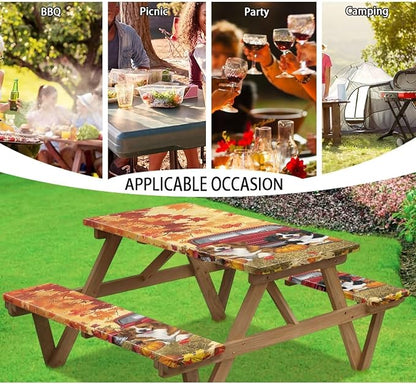 Maple Dog Pumpkin Outdoor Picnic Table Cover Thanksgiving 3 PCS Set Fitted Picnic Table Cover for Outdoor Camping