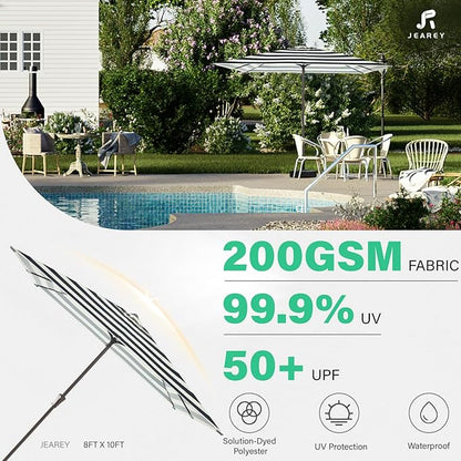 JEAREY 8x10 ft Rectangular Patio Umbrellas Outdoor Table Market Umbrella w/Crank, 8 Sturdy Ribs, UV Protection Windproof Sunproof for Garden, Deck, Backyard, Pool(Beige & Black Striped)