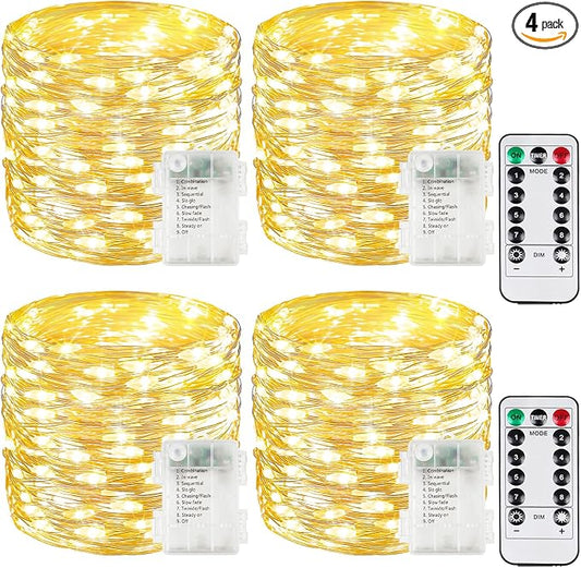 4 Pack 100 LED Fairy Lights Battery Operated with Remote, 33 FT Warm White | Cuttable, 8 Modes, Memory, Dimmable, Waterproof Battery String Lights with Timer for Indoor Outdoor, Christmas Decorations