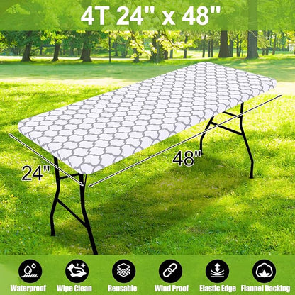 Smiry Picnic Fitted Table Cover, 4 Foot Flannel Backed Vinyl Tablecloth | Waterproof Elastic Stretch Table Cloth, Wipeable Plastic Tablecloth for Camping, Indoor & Outdoor (White, 24" x 48")
