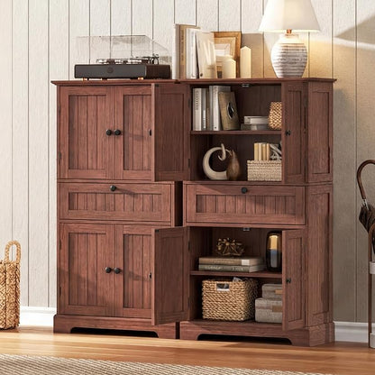 ChooChoo 51" H Bathroom Floor Cabinet with Drawers and Adjustable Shelves | Bathroom Storage Cabinet, Freestanding Kitchen Pantry Cupboard with 4 Doors for Living Room, Walnut