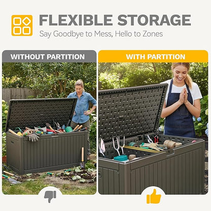 DWVO 320 Gallon Resin Outdoor Storage Box, XXL Double-Wall Waterproof Deck Box with Divider, Doubles as Table or Seating with 1000 lbs Capacity, Lockable (Light Brown)
