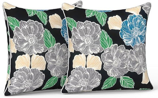 LVTXIII Outdoor Throw Pillow Covers Set of 2, Patio Waterproof Pillow Cases Fade Resistant Accent Pillow Covers for Home and Garden Furniture Decoration, 16x16, Peony Garden