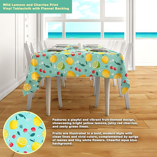 Wild Lemons and Cherries Vinyl Tablecloth – 60 x 102 Inch Rectangle Waterproof Table Cover with Flannel Backing, Wipeable Indoor/Outdoor Summer Fruit Print for Picnics, BBQs, and Holiday Dining