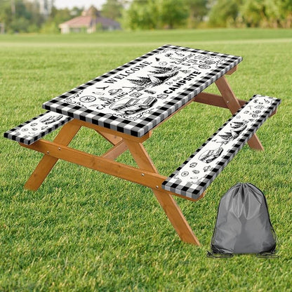 Picnic Table Cover with Bench Covers Elastic Edges, Black & White Gingham Camping Table Cover, Waterproof Windproof Fitted, for Outdoor Camping Patio Backyard BBQ Party, Drawstring Bag, 60 Inch 3PCS