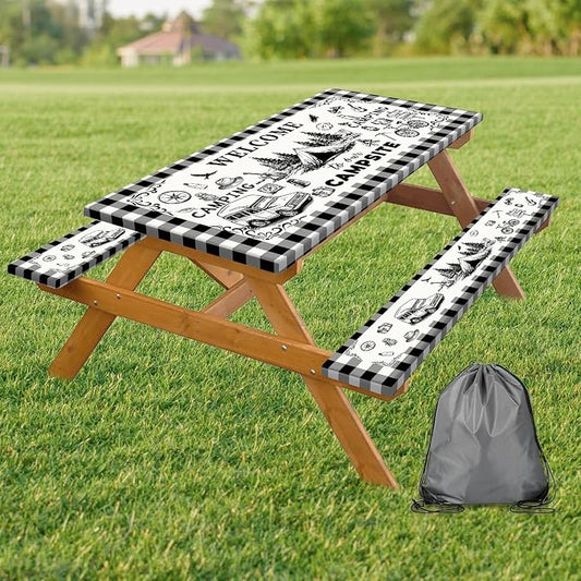 Picnic Table Cover with Bench Covers Elastic Edges, Black & White Gingham Camping Table Cover, Waterproof Windproof Fitted, for Outdoor Camping Patio Backyard BBQ Party, Drawstring Bag, 96 Inch 3PCS