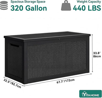YITAHOME XXL 320 Gal Large Deck Box, Outdoor Resin Storage Box, Rattan Storage Container for Patio Furniture, Garden Tools, Waterproof, Lockable (Black)