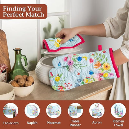 Maison d' Hermine Pot Holders 100% Cotton Heat Resistant Potholders 8" x 8" Hot Pads with Loop BBQ Cooking Hotel Farmhouse Kitchen Handling Hot Pans Spring Summer (Pack of 2, Jardin D'Ete - Mint)