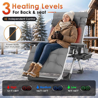 Slendor Heated Oversized Zero Gravity Chairs 33In, XXL Lounge Chair, Gray | Anti Gravity Recliner with 3 Heat Levels for Back & Seat, Headrest & Cup Holder, Folding, Supports 500lbs, (Battery Not)
