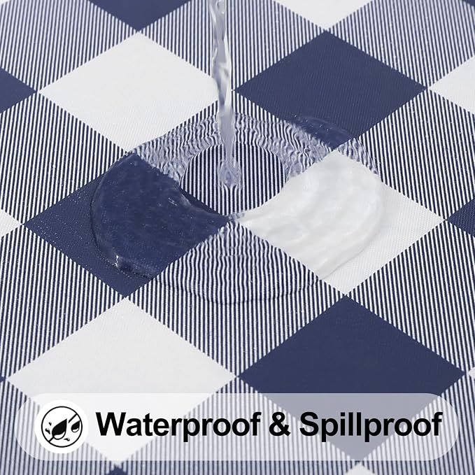 Smiry Rectangle Picnic Table Cloth, Elastic Waterproof Fitted Vinyl Tablecloths, Flannel Backed Buffalo Plaid Table Covers for Dining, Camping, Outdoor (White and Navy, 24" x 48")