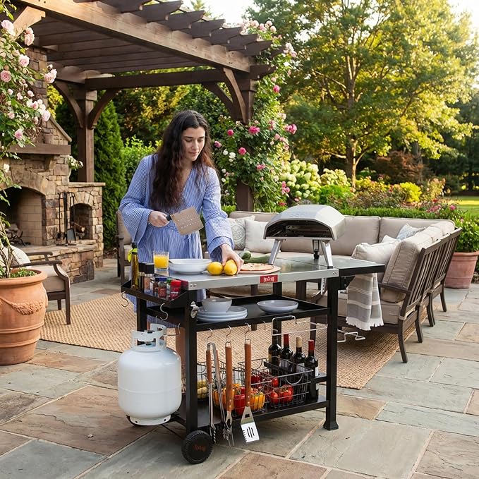 Feasto 40x26 Outdoor Grill Cart, Stainless Steel Tabletop, 3-Shelf Rolling | Pizza Oven Table, Pizza Oven Stand, BBQ Grill with Wheels for Food Prep, Outdoor & Indoor, Dining, Kitchen Cart Table