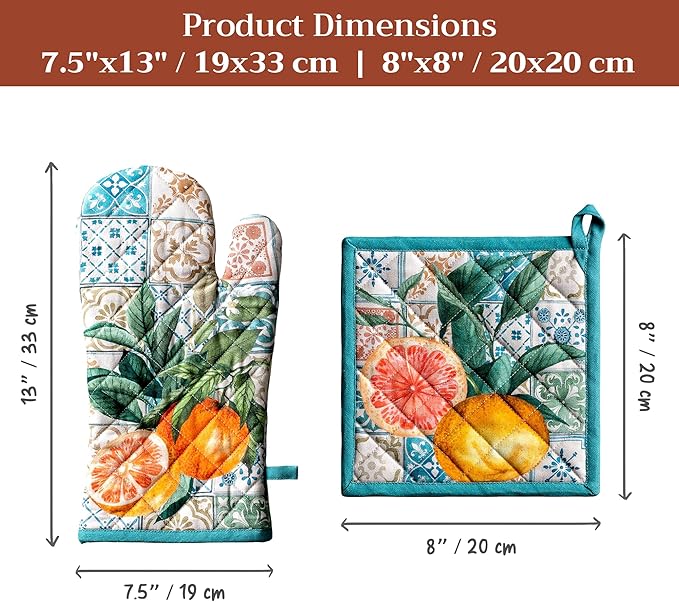 Maison d' Hermine 100% Cotton Oven Mitt & Pot Holder Set (7.5"x13" & 8"x8") Heat Resistant BBQ Cooking Gloves with Loop Baking Grilling Kitchen Hotel Home Farmhouse Spring Summer (Agrume)