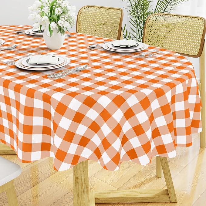 Smiry Oval Table Cloth, Vinyl Tablecloths with Flannel Backing, 60"x84" | Waterproof Picnic Table Cloth, Wipeable Buffalo Plaid Table Cover for Indoor and Outdoor (Orange & White)