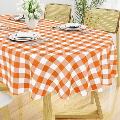 Smiry Oval Table Cloth, Vinyl Tablecloths with Flannel Backing, 60"x84" | Waterproof Picnic Table Cloth, Wipeable Buffalo Plaid Table Cover for Indoor and Outdoor (Orange & White)