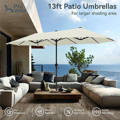 PHI VILLA 13ft Large Patio Umbrellas, Double-Sided Outdoor Market Rectangle Umbrella for Outside, Ivory