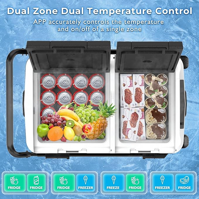 AS 12 Volt Refrigerator, 53QT(50L) Dual Temperature Zone Electric Cooler with Wheels, Portable Freezer 12V/24V DC 110-240V AC, -4℉-68℉ Car Fridge for Car, Marine, Home, Outdoor, etc