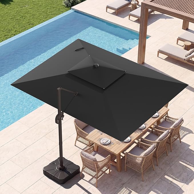 9x12 FT Patio Umbrella with base, Large Cantilever Rectangular Double Top Heavy Duty Offset Umbrellas with 360° Rotation, Outdoor shade for Garden Deck Pool, Black