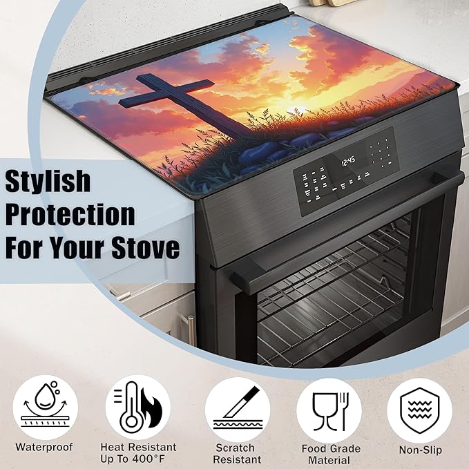 Wood Cross Stove Top Covers for Electric Stove,Easter Sunrise Glass Top Stove Cover, Heat Resistant Range Covers for Electric Stove,Washable Countertop Mat, 28 x 20 Inch