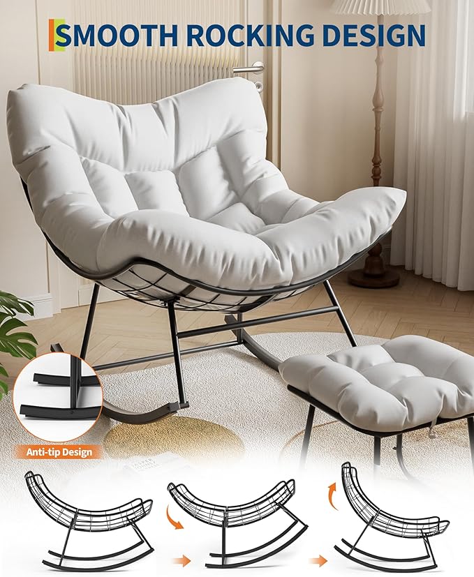 GarveeLife Outdoor Oversized Papasan Rocking Chair with Footrest, Patio Lounge Chair with Ottoman and Sturdy Metal Frame, Patio Egg Rocker for Balcony Backyard Porch Bedroom, White