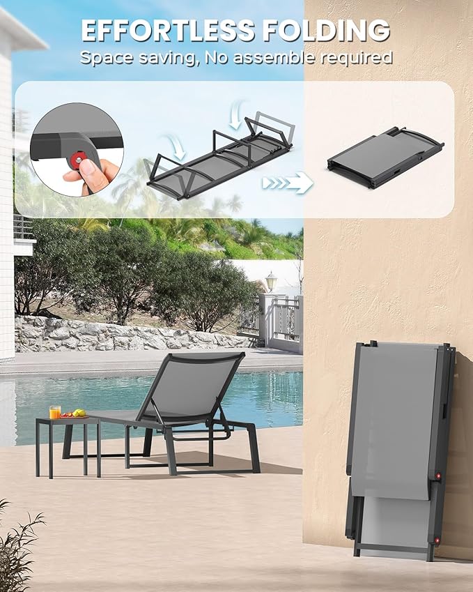Aluminum Chaise Lounge Chair Outdoor, Foldable& No Assembly Patio Pool Lounge Chairs 5-Position Recliner for Outside, Fully Grounded Legs Sun Lounger for Poolside, Dark Grey