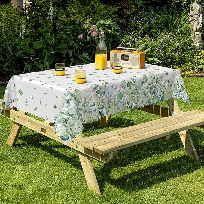 Summer Floral Rectangular Tablecloth 55"x102" – Green Eucalyptus and Flower Design, Fabric Waterproof Table Cloth for Dining, Kitchen, Outdoor BBQ and Picnic Party Decor