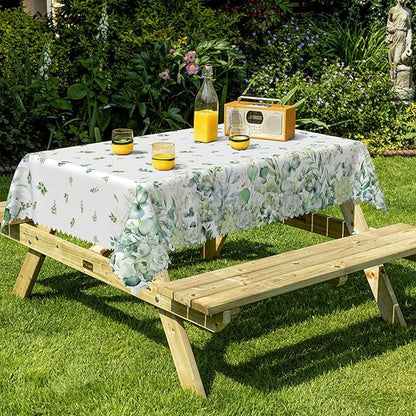 Summer Floral Rectangular Tablecloth 55"x102" – Green Eucalyptus and Flower Design, Fabric Waterproof Table Cloth for Dining, Kitchen, Outdoor BBQ and Picnic Party Decor