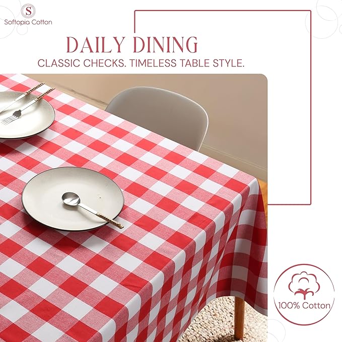 Buffalo Plaid Check 52"x70" Tablecloth 100% Cotton Washable Rustic Rectangle Table Cover Decorative for Gifts, Dining, BBQ, Buffet Parties & Camping - Red