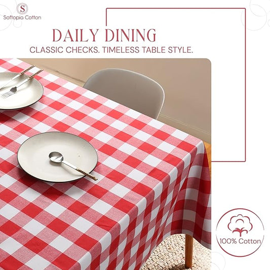 Buffalo Plaid Check 52"x70" Tablecloth 100% Cotton Washable Rustic Rectangle Table Cover Decorative for Gifts, Dining, BBQ, Buffet Parties & Camping - Red