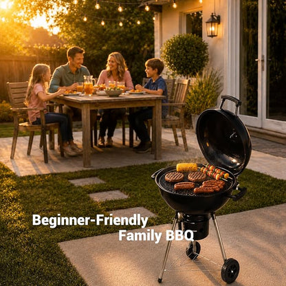 18-Inch Kettle Charcoal Grill with Cover & Wheels | Easy Assembly, Built-in Thermometer, Removable Ash Catcher, Perfect for Backyard BBQ, Patio & Family Cookouts