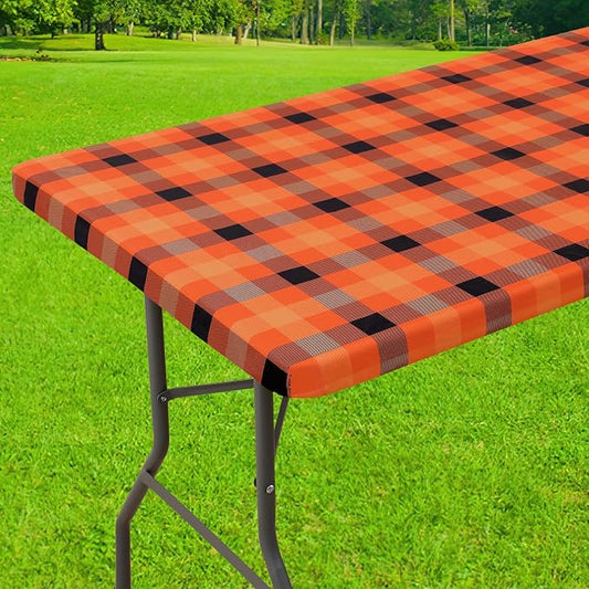 Smiry Rectangle Picnic Table Cloth, Elastic Waterproof Fitted Vinyl Tablecloths, Flannel Backed Buffalo Plaid Table Covers for Dining, Camping, Outdoor (Orange and Yellow, 30" x 72")