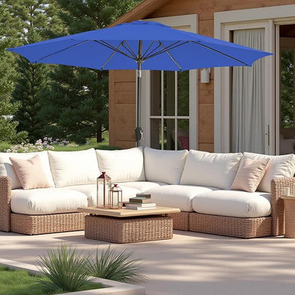 9FT Large Outdoor Patio Umbrella Market Table Umbrella-UV Resistant, Easy Push Button Tilt and Crank, 8 Sturdy Ribs Heavy-Duty Pool Umbrella for Deck,Blue