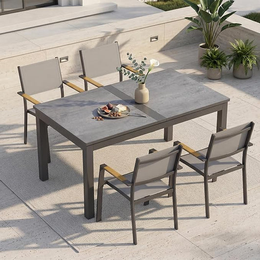 RoyalCraft 5-Piece Outdoor Dining Set with Adjustable Length Dining Table, 92" L×33.5" W Expandable Patio Table and Chairs Set for 4, Aluminum Stackable Chairs with Quick Drying Fabric for Porch, Grey