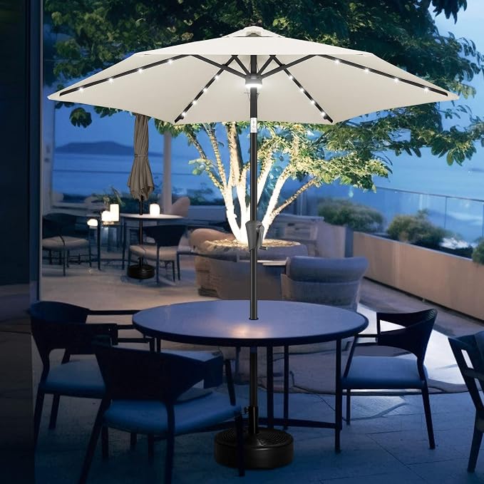FLAME&SHADE Solar Patio Umbrella with Centre Light, 7.5 FT Ivory | UV Protection, Small Solar Outdoor Umbrella for Porch, Deck, Backyard, Garden, Provides Evening Lighting, 24 LED Lights