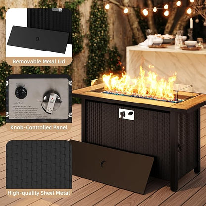 45 Inch Propane Fire Pit Table, 50,000 BTU Outdoor Gas Fire Pit for Patio & Backyard, 2-in-1 Firepit Dining Table with Glass Wind Guard, Blue Glass Rocks & Waterproof Cover, Walnut