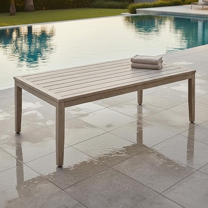 Never-Rust Aluminum Outdoor Coffee Table, All-Weather Patio Coffee Table with Faux Wood Grain Finish Frame, Rectangle Outdoor Table with Adjustable Feet for Garden, Porch, Backyard, Indoor