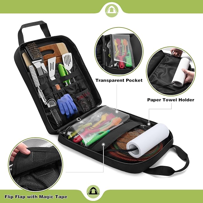 HODRANT Hanging Camp Utensil Organizer with Towel Paper Holder for Travel | Portable Camping Kitchen Cookware Bag for Knives, Forks, Spoons & More, Outdoor Cooking Tools Storage Box, Bag Only