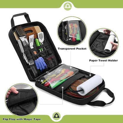 HODRANT Hanging Camp Utensil Organizer with Towel Paper Holder for Travel | Portable Camping Kitchen Cookware Bag for Knives, Forks, Spoons & More, Outdoor Cooking Tools Storage Box, Bag Only