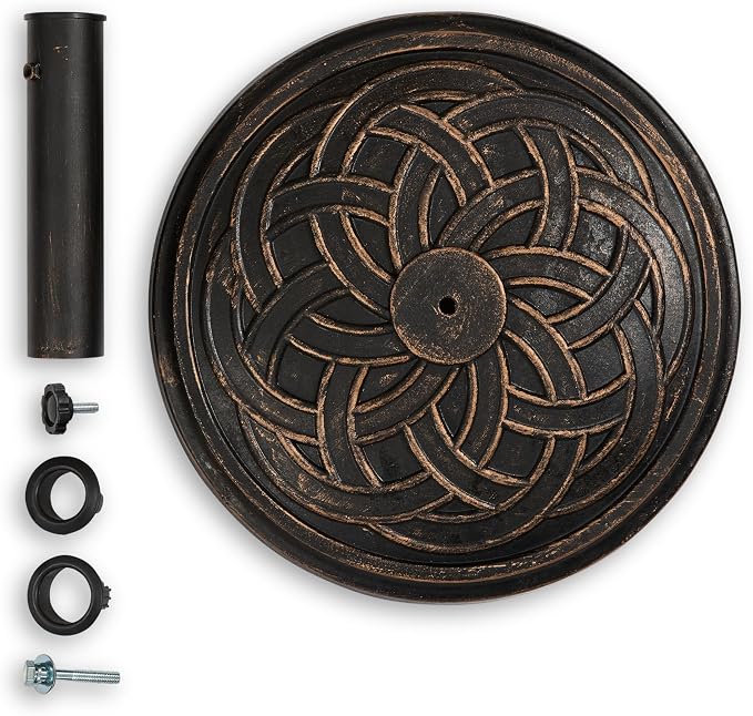 Backyard Expressions 26.5 lb Round Heavy Duty Patio Umbrella Base – Weather Resistant Calcium Carbonate Resin with Bronze Weave Design – Fits 1.5" to 2" Poles, Easy Assembly, UV & Fade Resistant